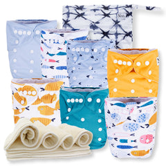 Nora's Nursery 7-pack cloth diapers ready for baby use, showcasing full set