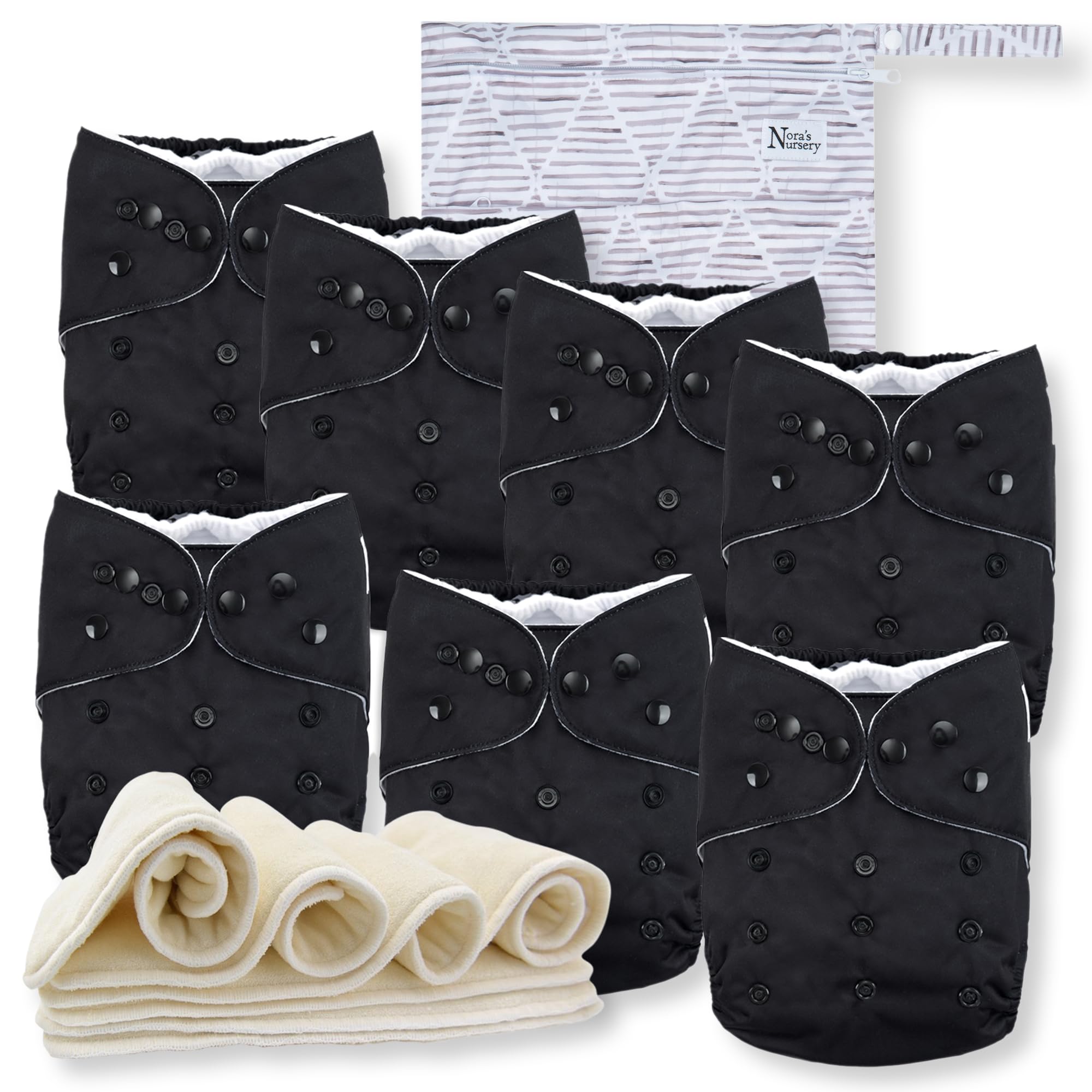 Nora's Nursery cloth diaper set, front view, showing adjustable fit for growing babies.