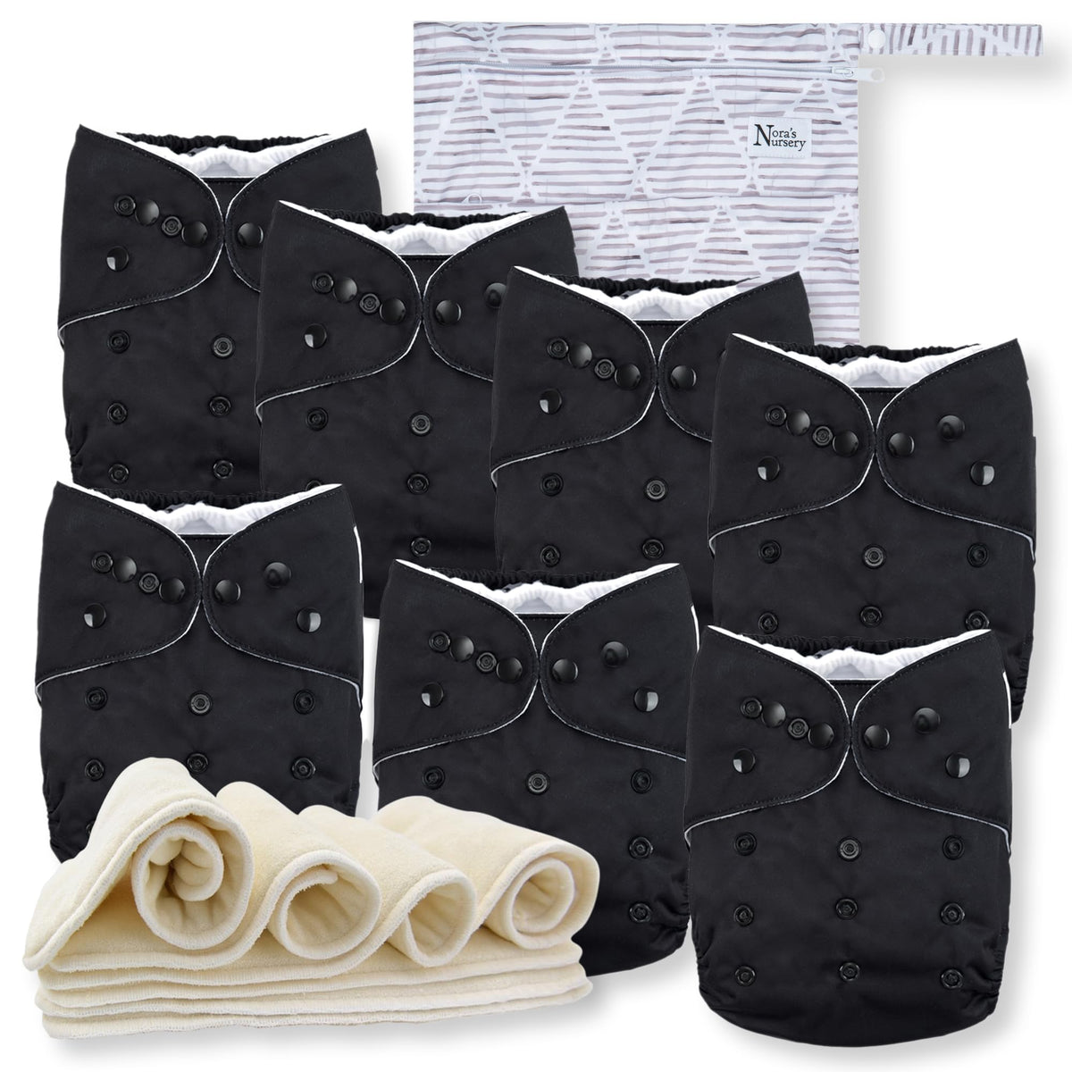 Nora's Nursery cloth diaper set, front view, showing adjustable fit for growing babies.