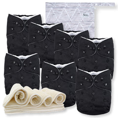 Nora's Nursery cloth diaper set, front view, showing adjustable fit for growing babies.