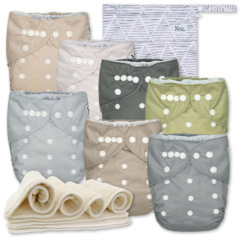 Nora's Nursery cloth diapers seven-pack with adjustable fit for growing babies.