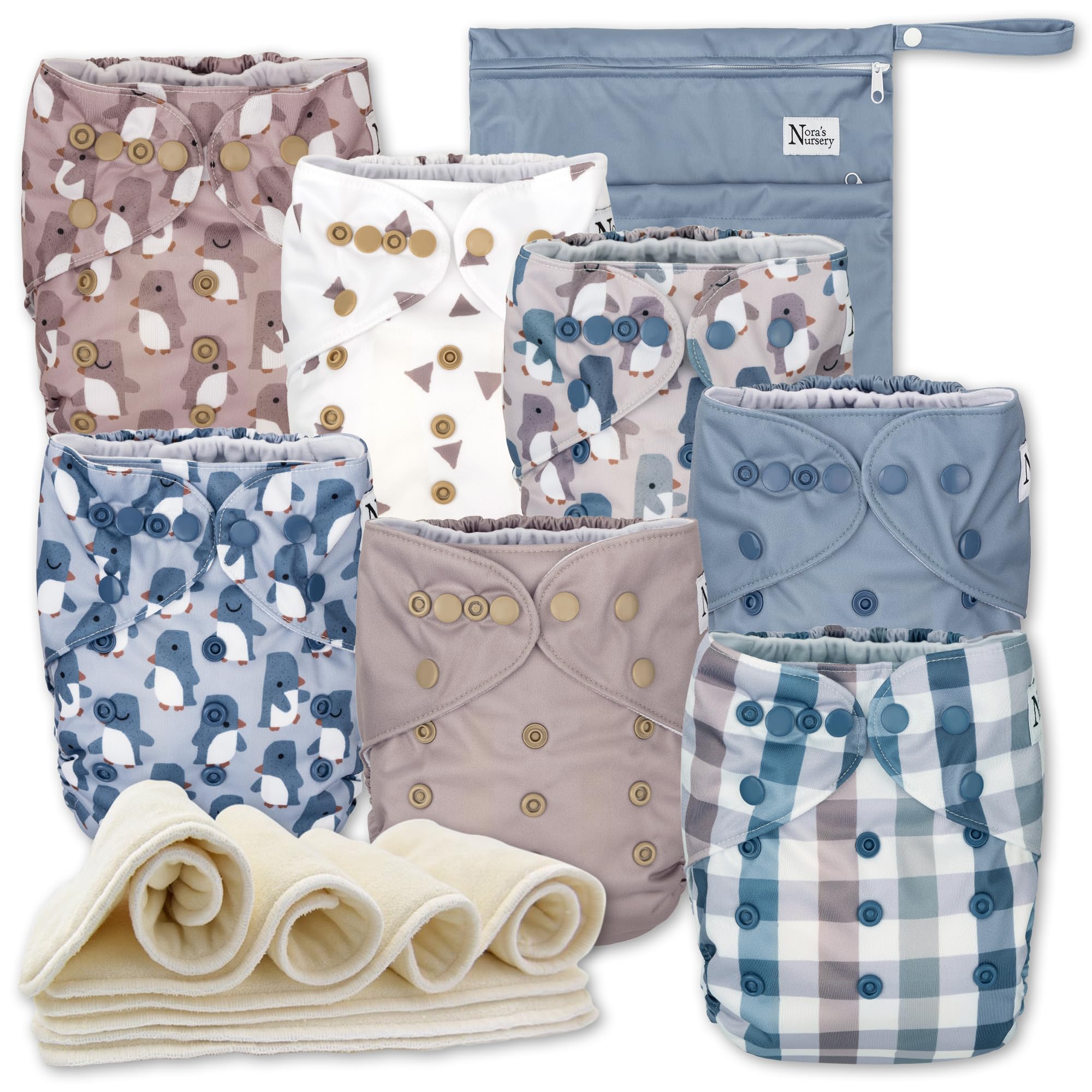 Nora's Nursery cloth-diapers-7-pack with cover for reusable diapering.