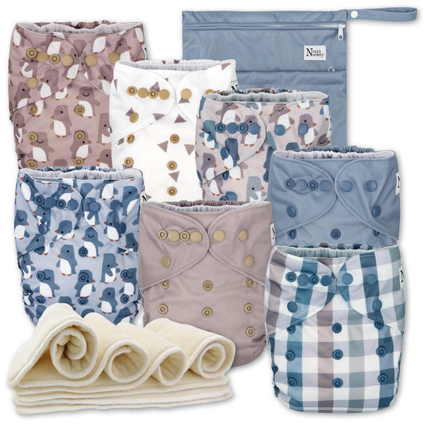 Nora's Nursery cloth-diapers-7-pack with cover for reusable diapering.