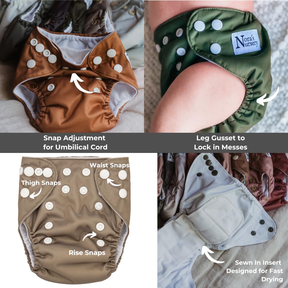 Nora's Nursery newborn all-in-one diaper with umbilical snap-down feature.