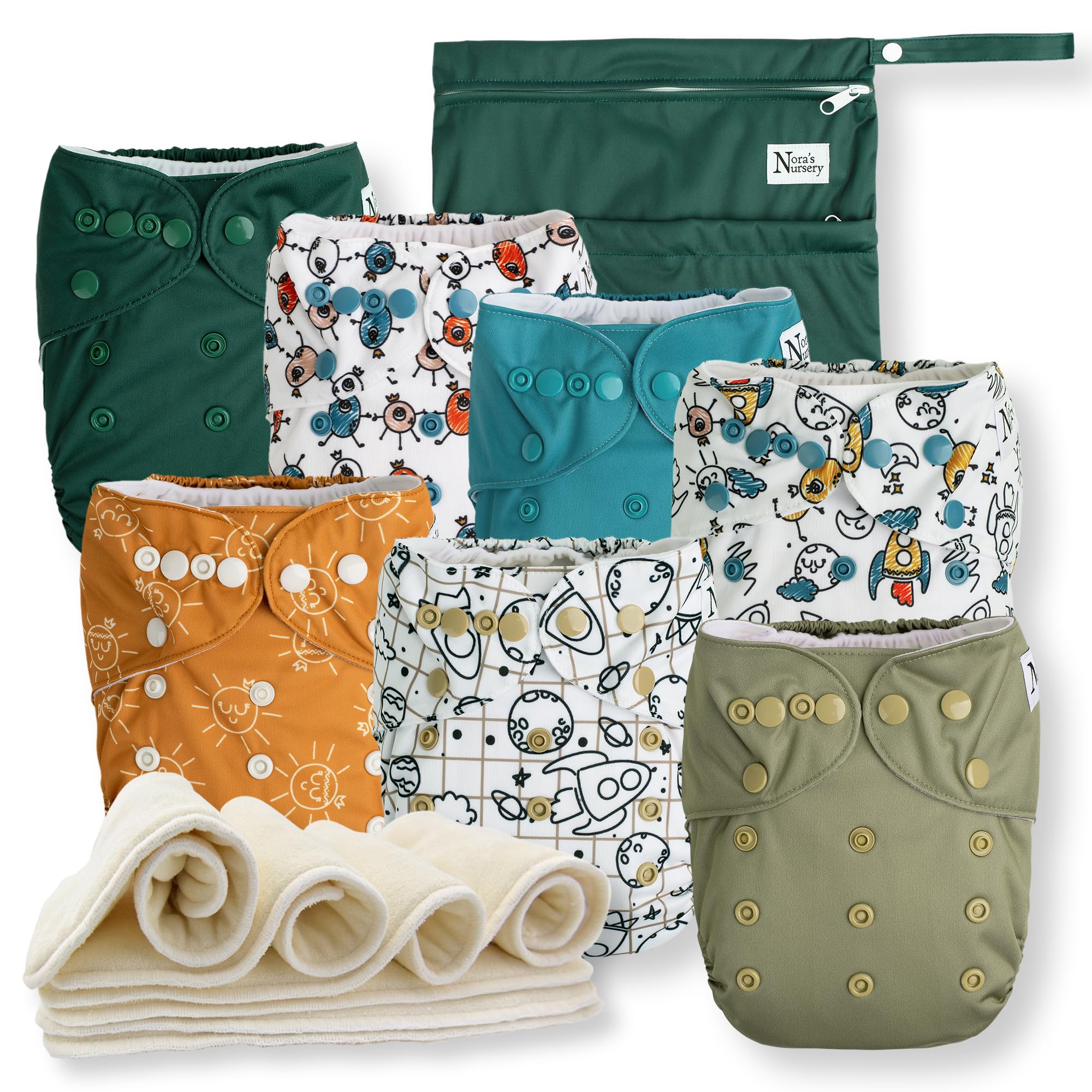 Nora's Nursery outer-space pocket diaper set shown, versatile for day and night use.