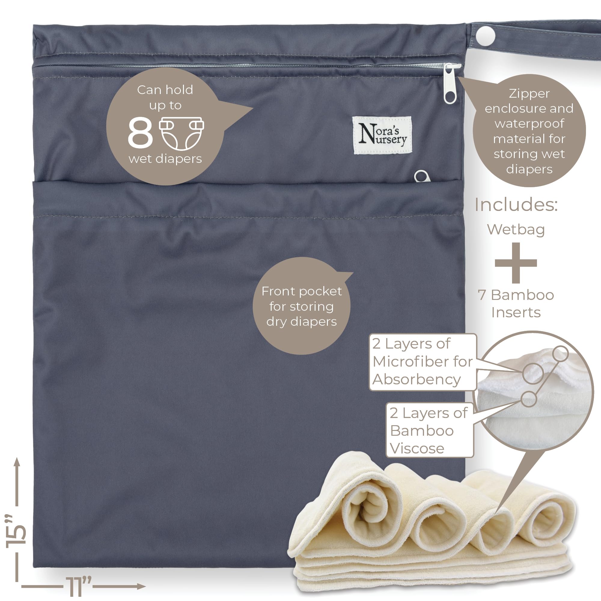 Nora's Nursery wet-bag-included offers on-the-go storage for clean and dirty diapers.