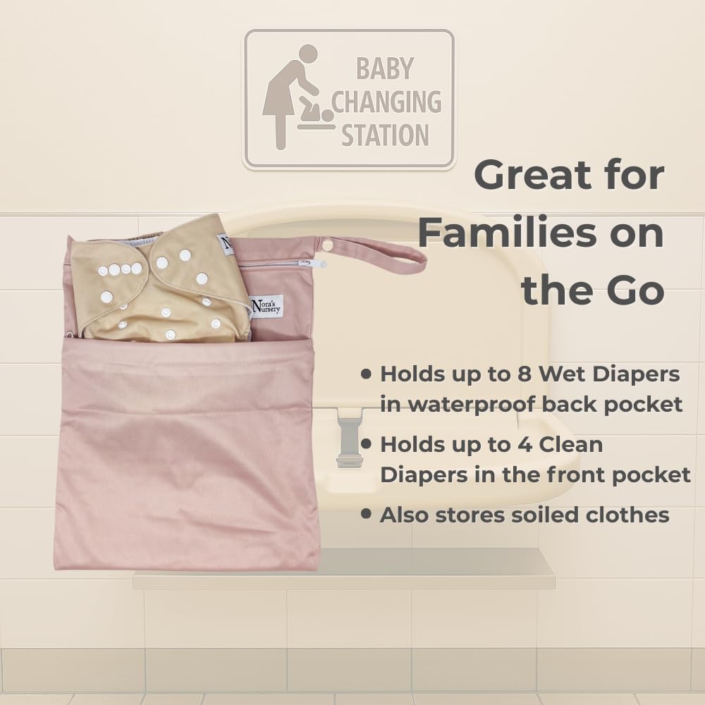 Nora's Nursery bag with snap handle attaches to stroller for easy access.