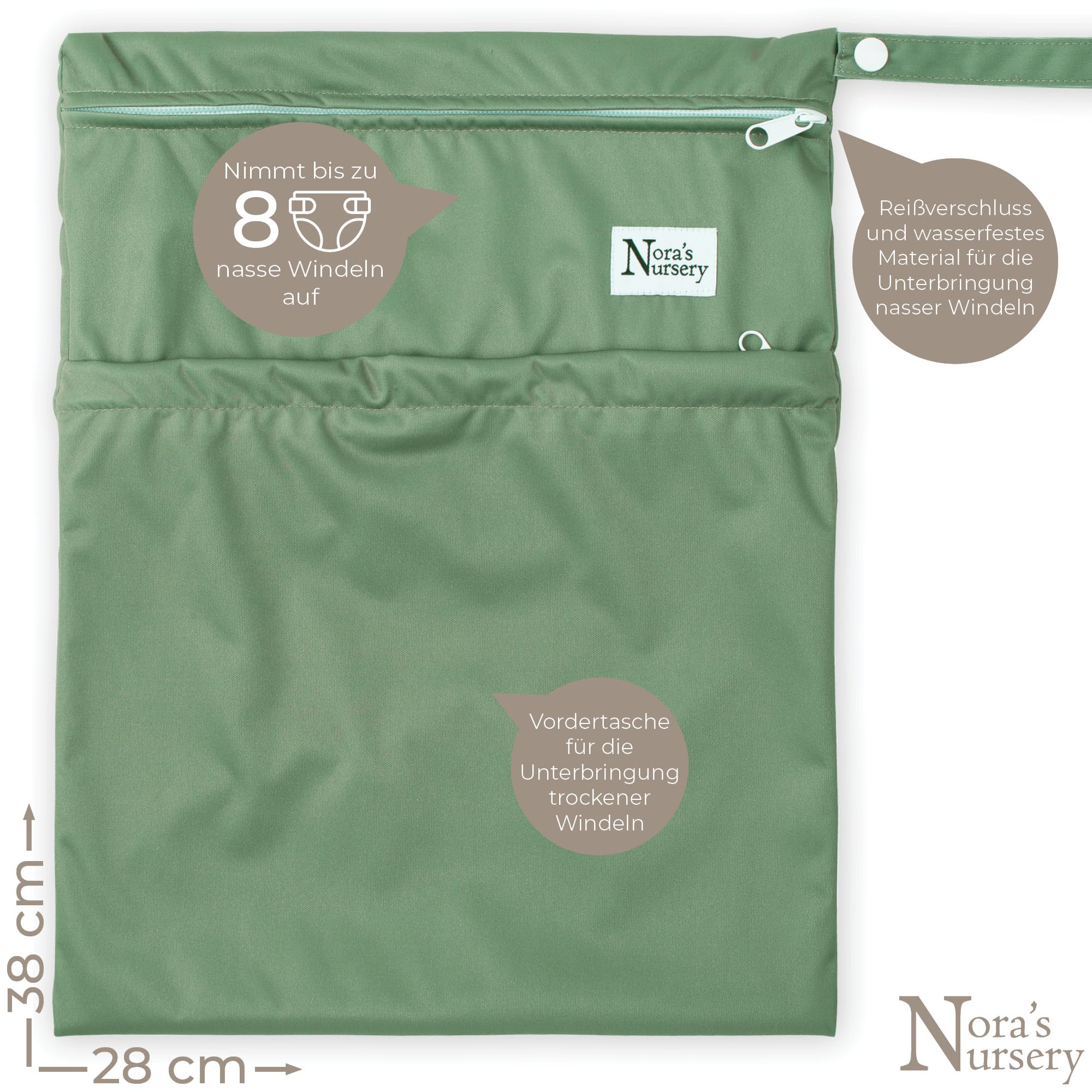 Nora's Nursery wet dry bag with snap handle for easy stroller attachment