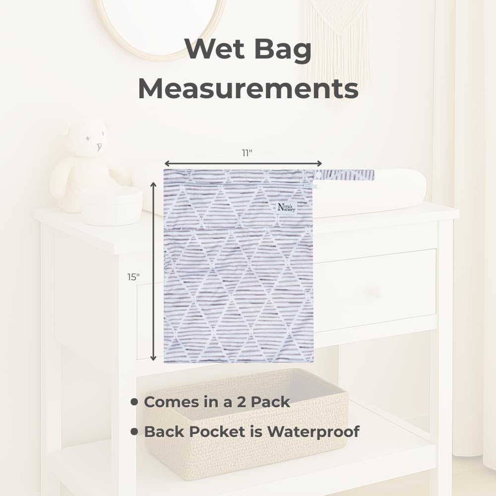 Nora's Nursery Wet Dry Bag with snap handle shown attached to a stroller for easy reach.