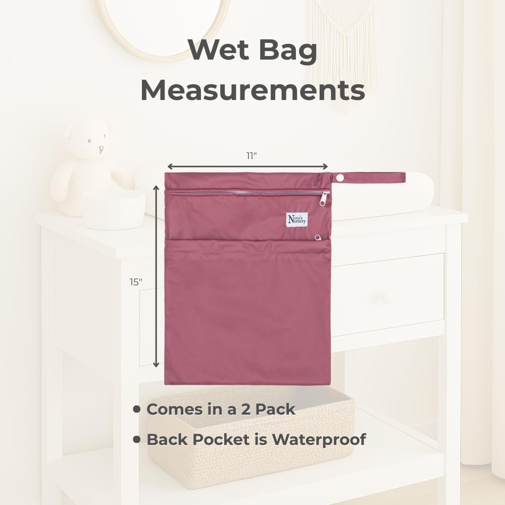 Nora's Nursery waterproof bag shows two pockets to separate damp and dry items.
