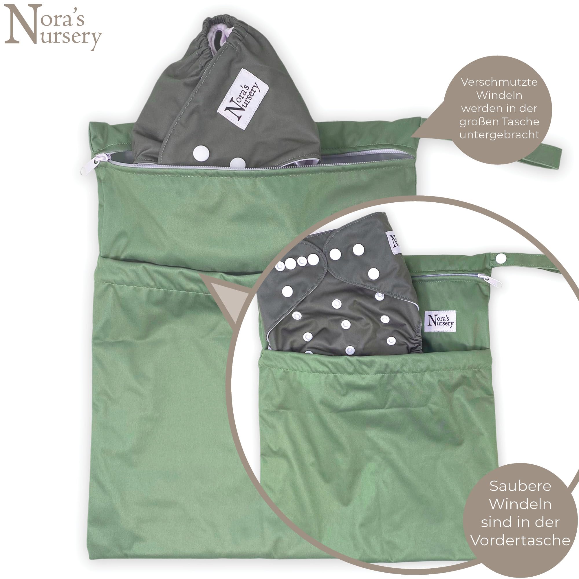 Nora's Nursery wet dry bag made of waterproof PUL material contains moisture and odors