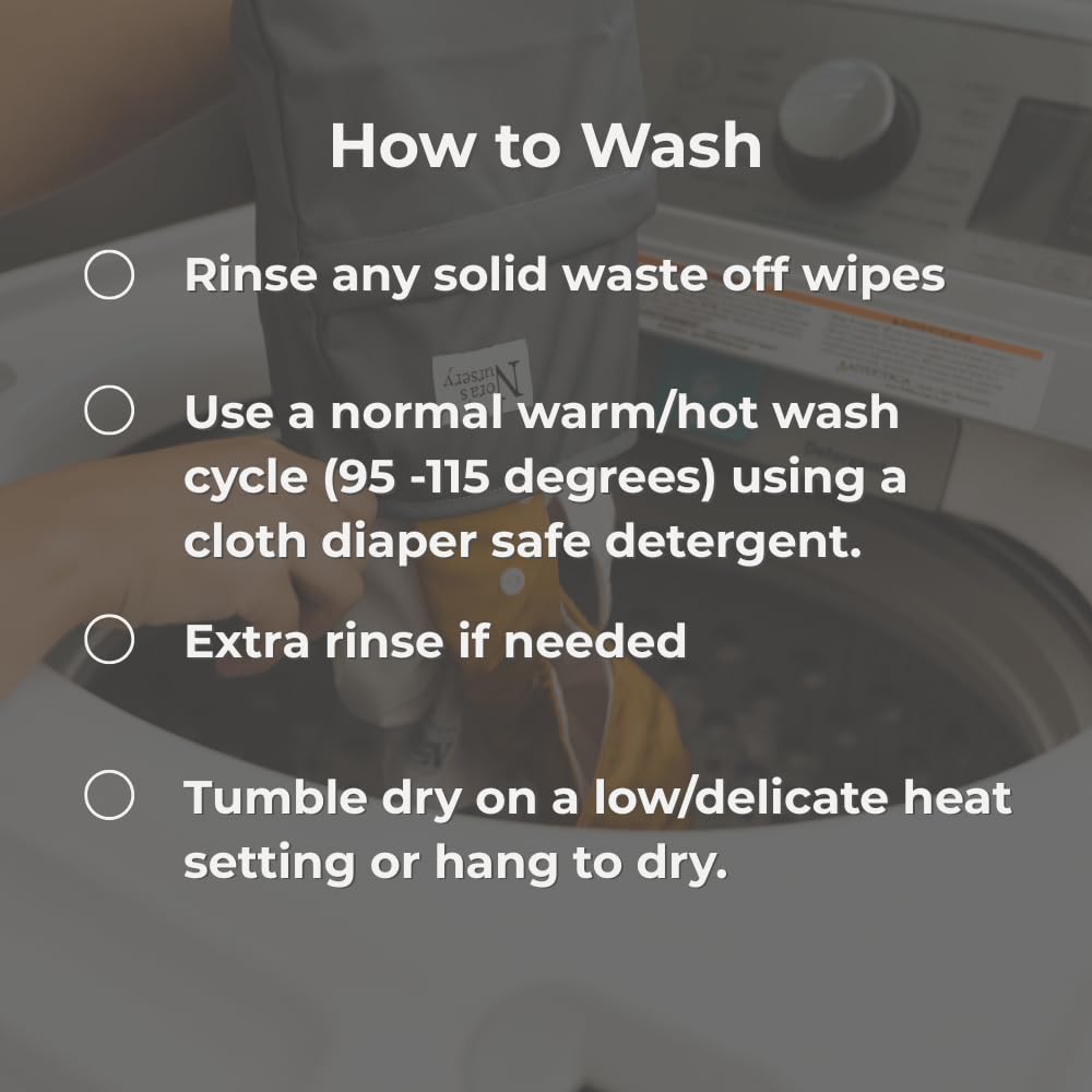 Nora's Nursery wipes in washing machine highlight easy care and reuse.