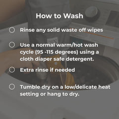 Nora's Nursery wipes in washing machine highlight easy care and reuse.