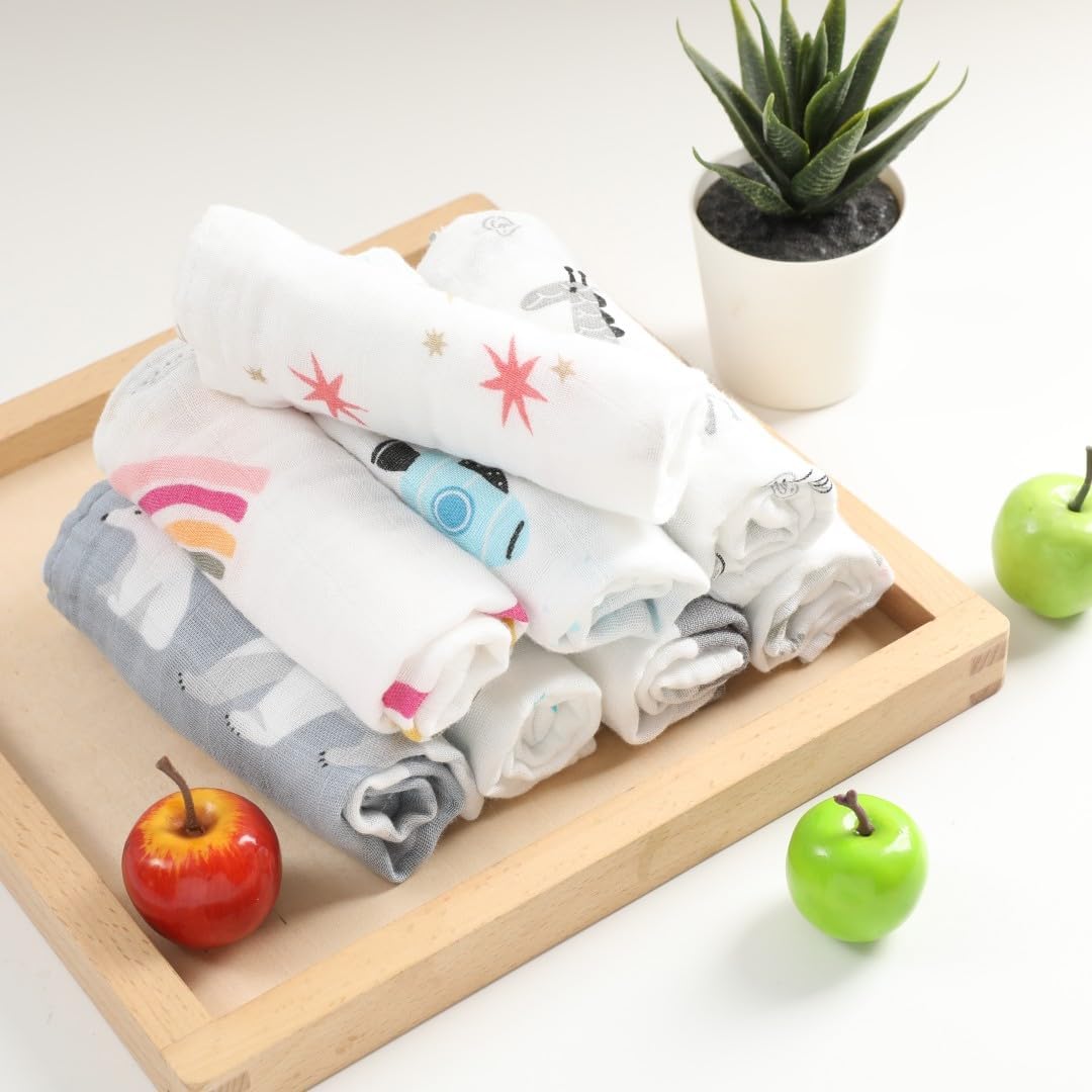 norinori Baby Msulin Washcloths with cute unisex patterns for babies