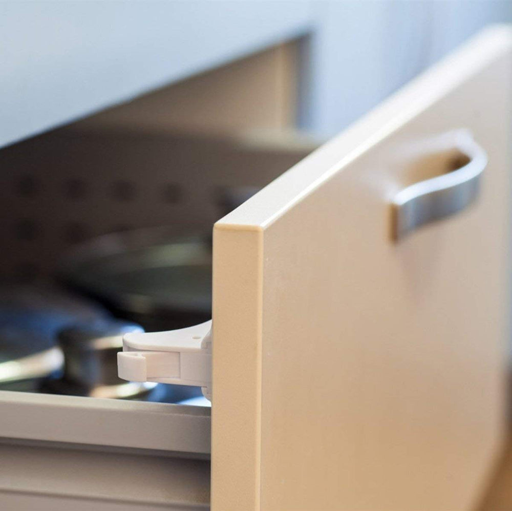 Norjews kitchen and pantry cabinets secured against curious hands and accidents.
