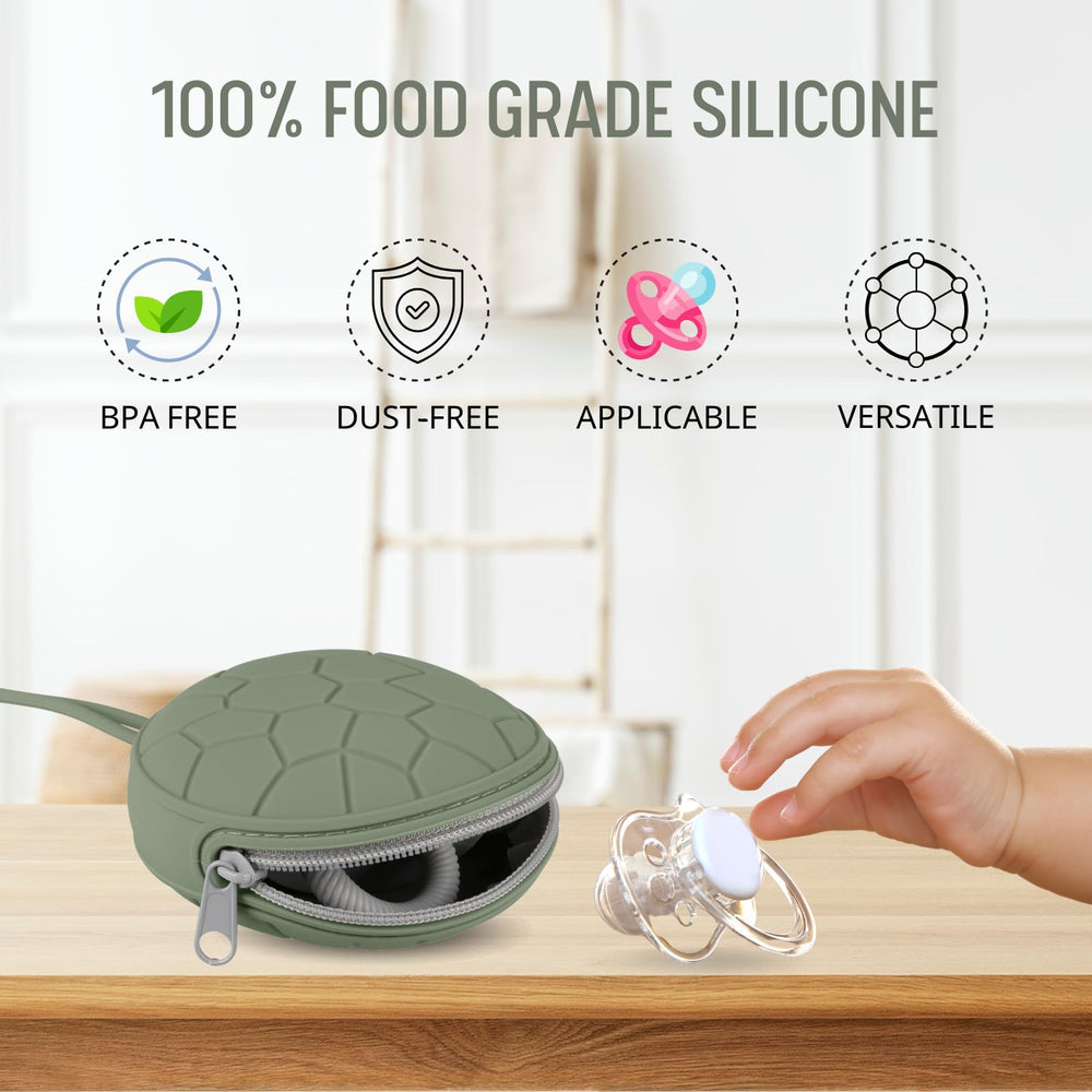 Nothomme pacifier holder clipped to a backpack for mess-free outings.