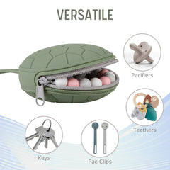 Nothomme silicone pacifier holder case in sage, open to show roomy interior.