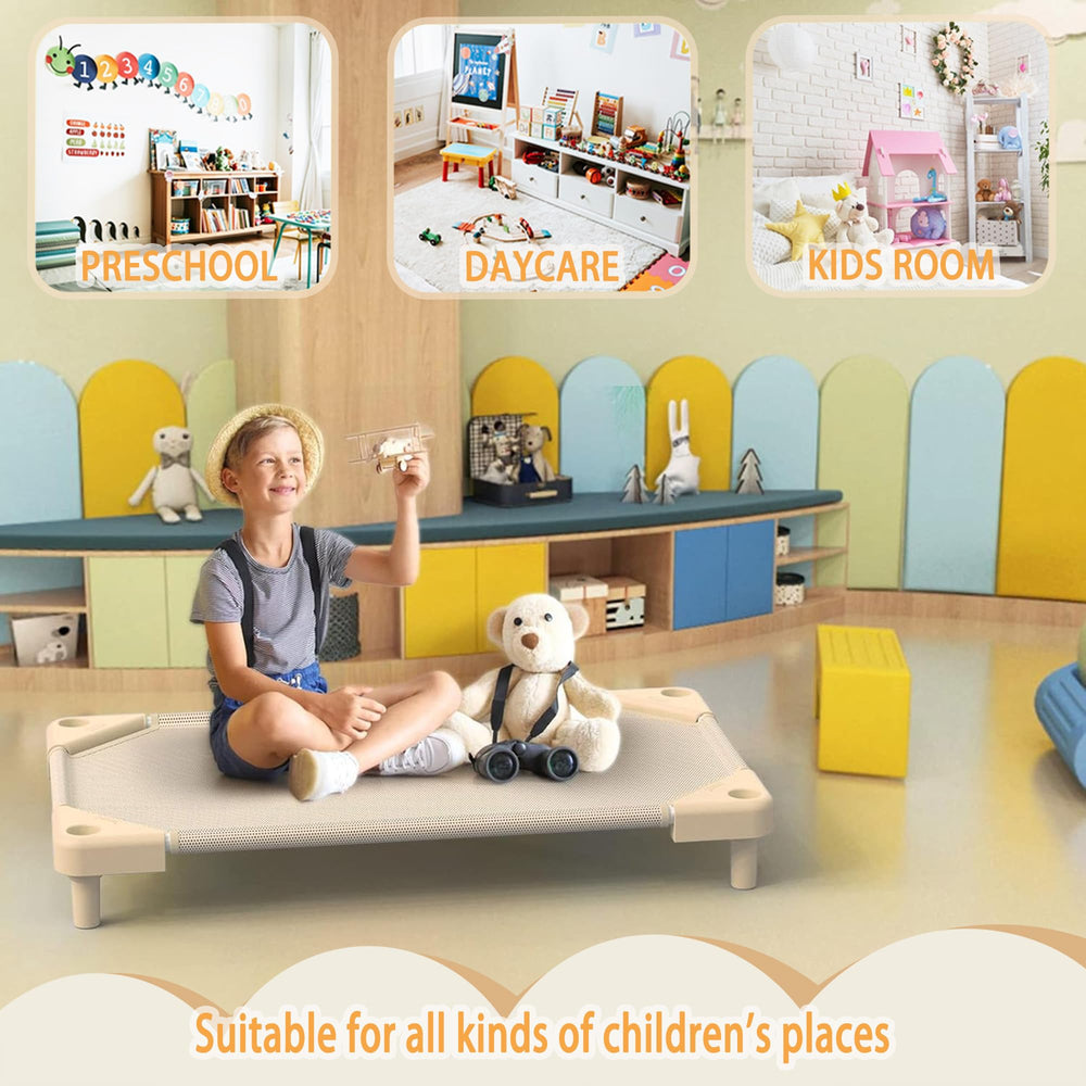 NOUJULOUN Daycare Cots support 180-pound capacity for durable daily use.