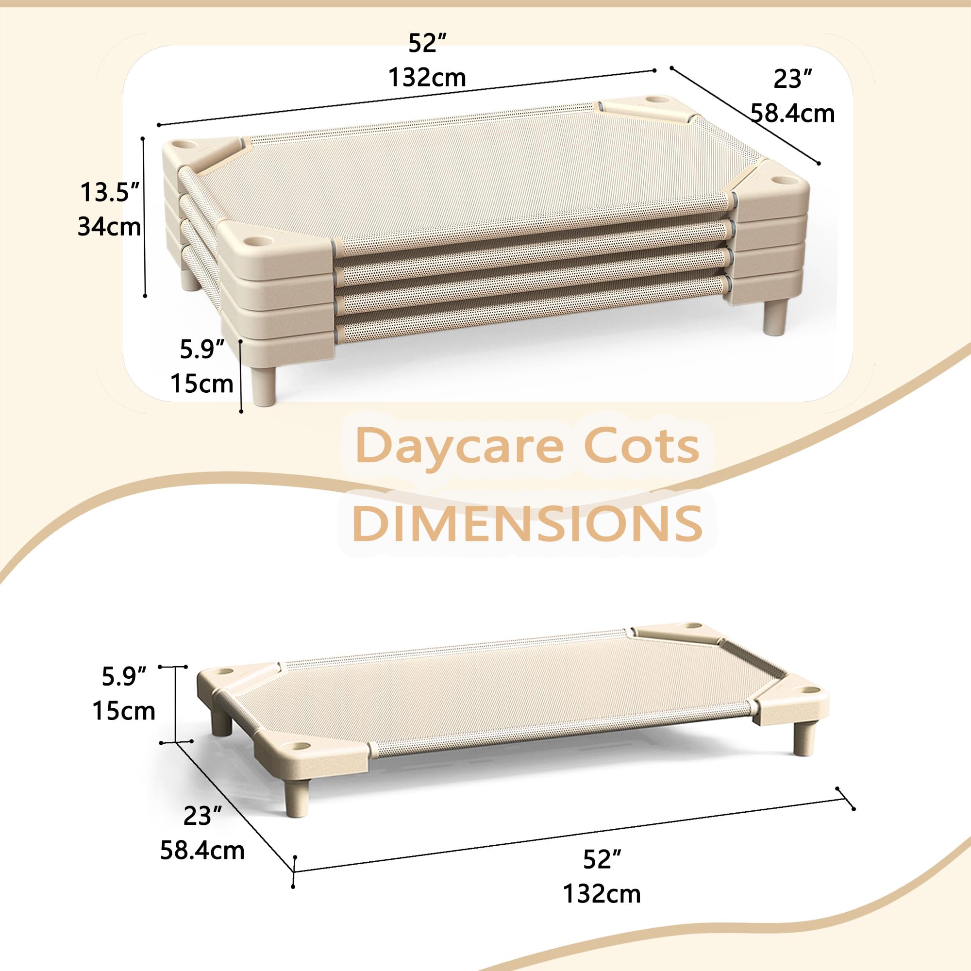NOUJULOUN Daycare Cots with sand mesh surface for quick-drying comfort during naptime.