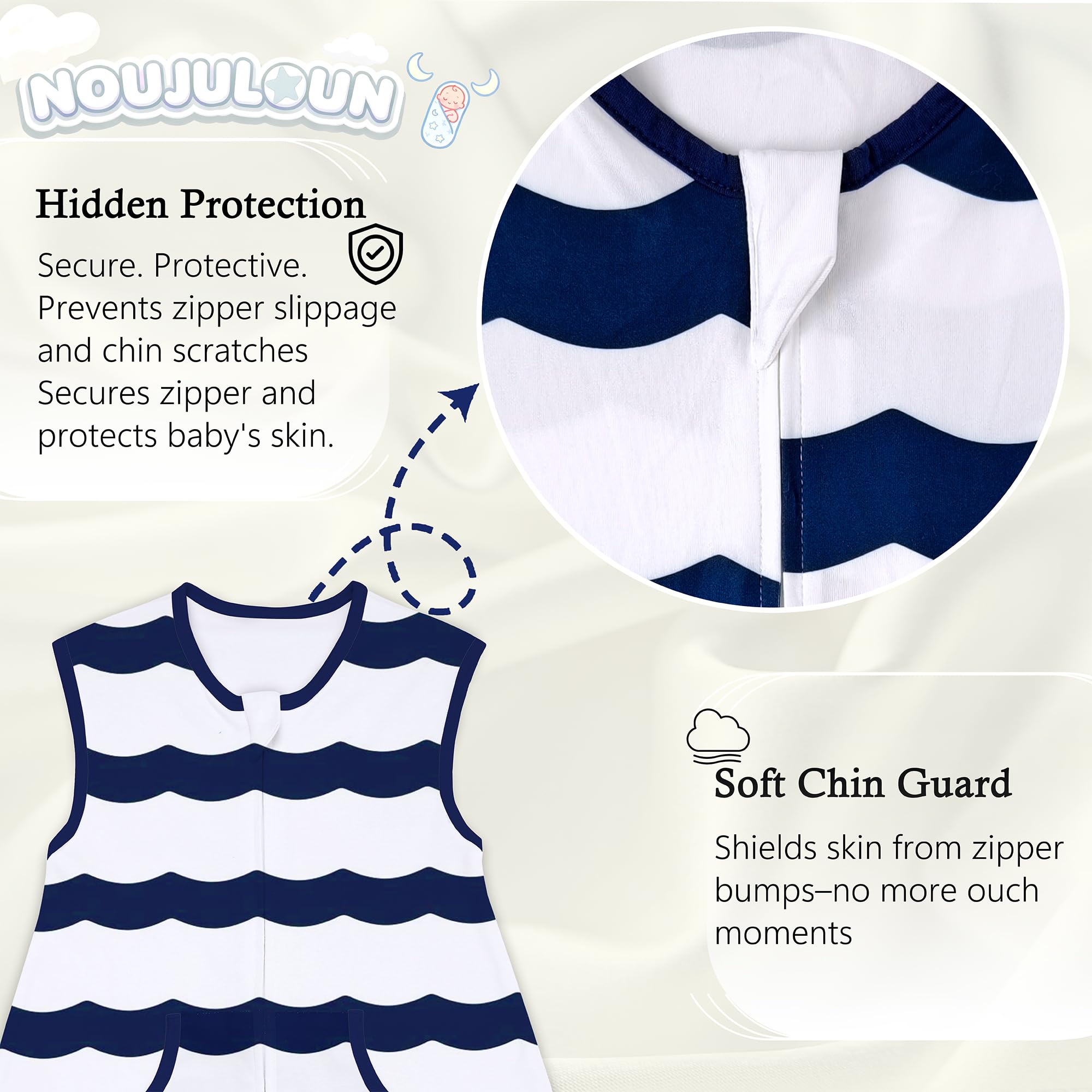 NOUJULOUN sleep sack displays two-way zipper for quick changes.