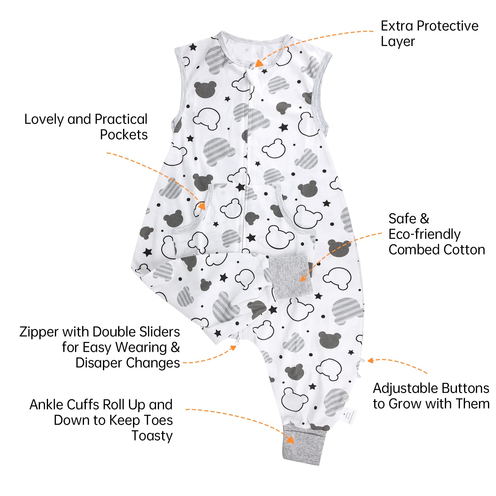 NOUJULOUN two-way zip sleep sack for easy diaper changes.
