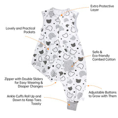 NOUJULOUN two-way zip sleep sack for easy diaper changes.