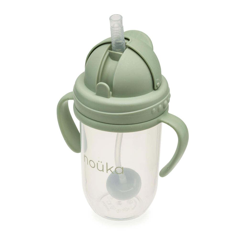 noüka weighted straw cup with click top lid in moss enables easy one-handed use