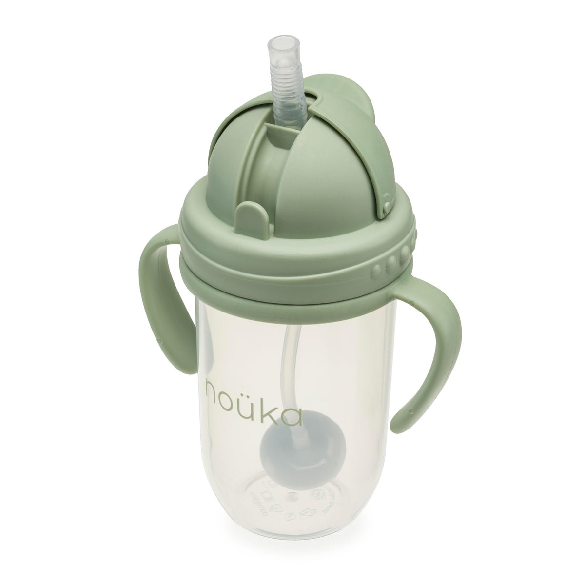 noüka weighted straw cup with click top lid in moss enables easy one-handed use