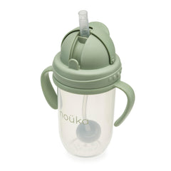 noüka weighted straw cup with click top lid in moss enables easy one-handed use