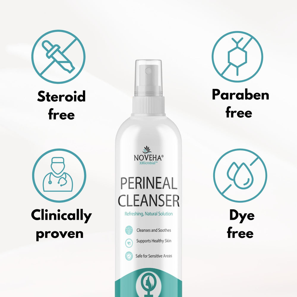 NOVEHA no-rinse use shown for quick daily cleansing