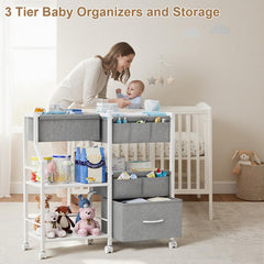 Novvia caddy offers a drawer and extra storage for clothes and bibs.