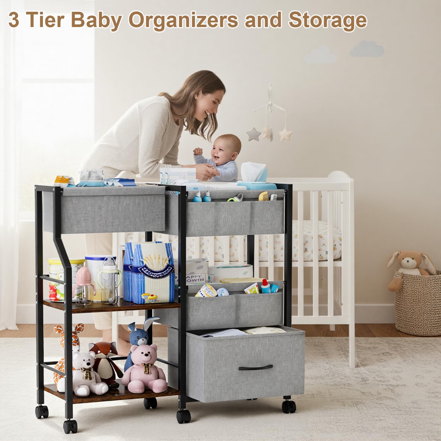 Novvia soft fabric bins provide light, accessible diaper and wipe storage.