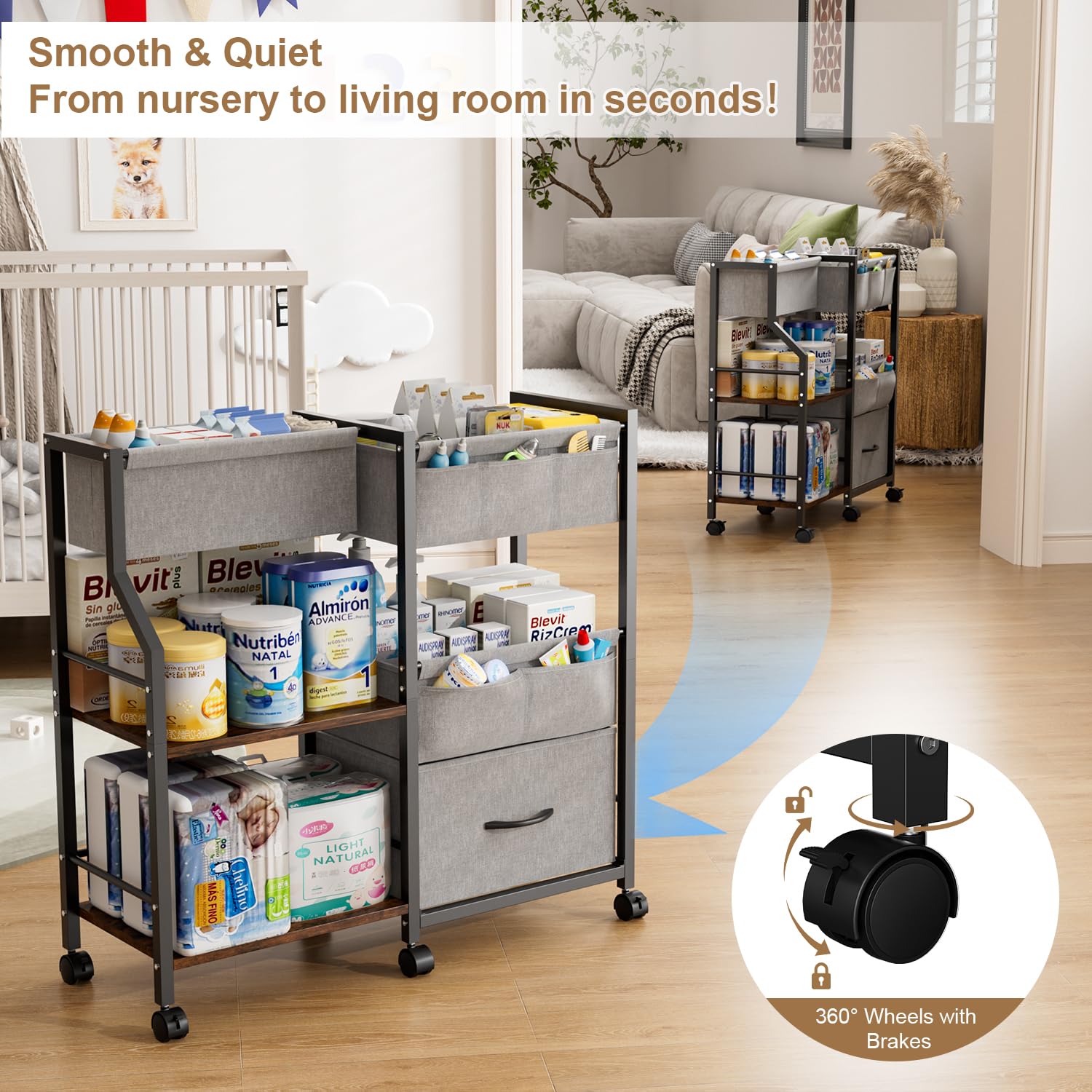 Novvia sturdy wood shelves hold bottles and care products securely.