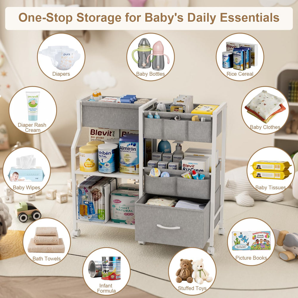 Novvia diaper caddy with lockable wheels enables stable movement between rooms.