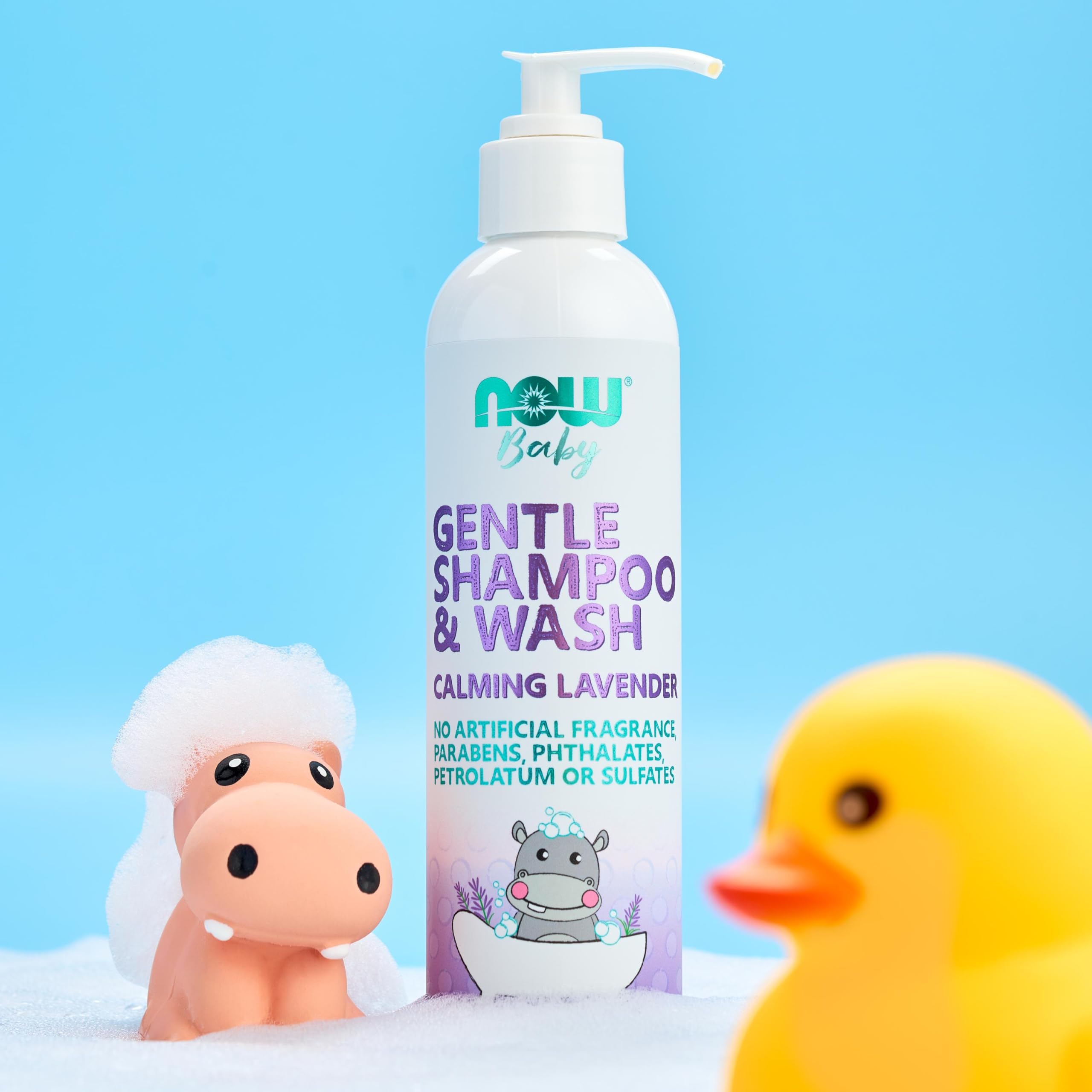 NOW Baby Gentle Shampoo calming-lather demonstrates gentle cleanse for skin and hair.