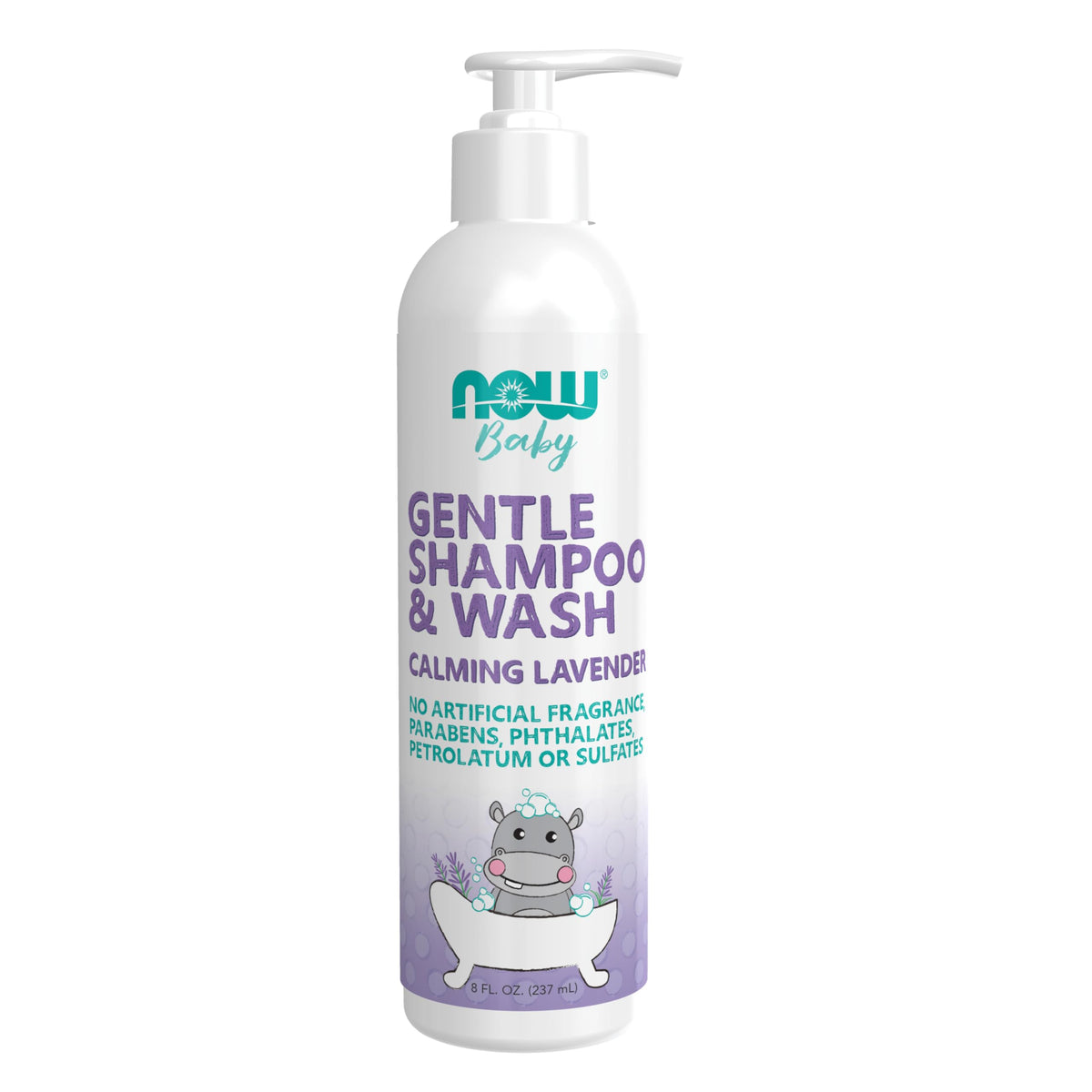 NOW Baby Gentle Shampoo lavender bottle demonstrates calming cleanse for delicate skin and hair.