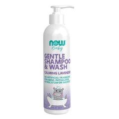 NOW Baby Gentle Shampoo lavender bottle demonstrates calming cleanse for delicate skin and hair.