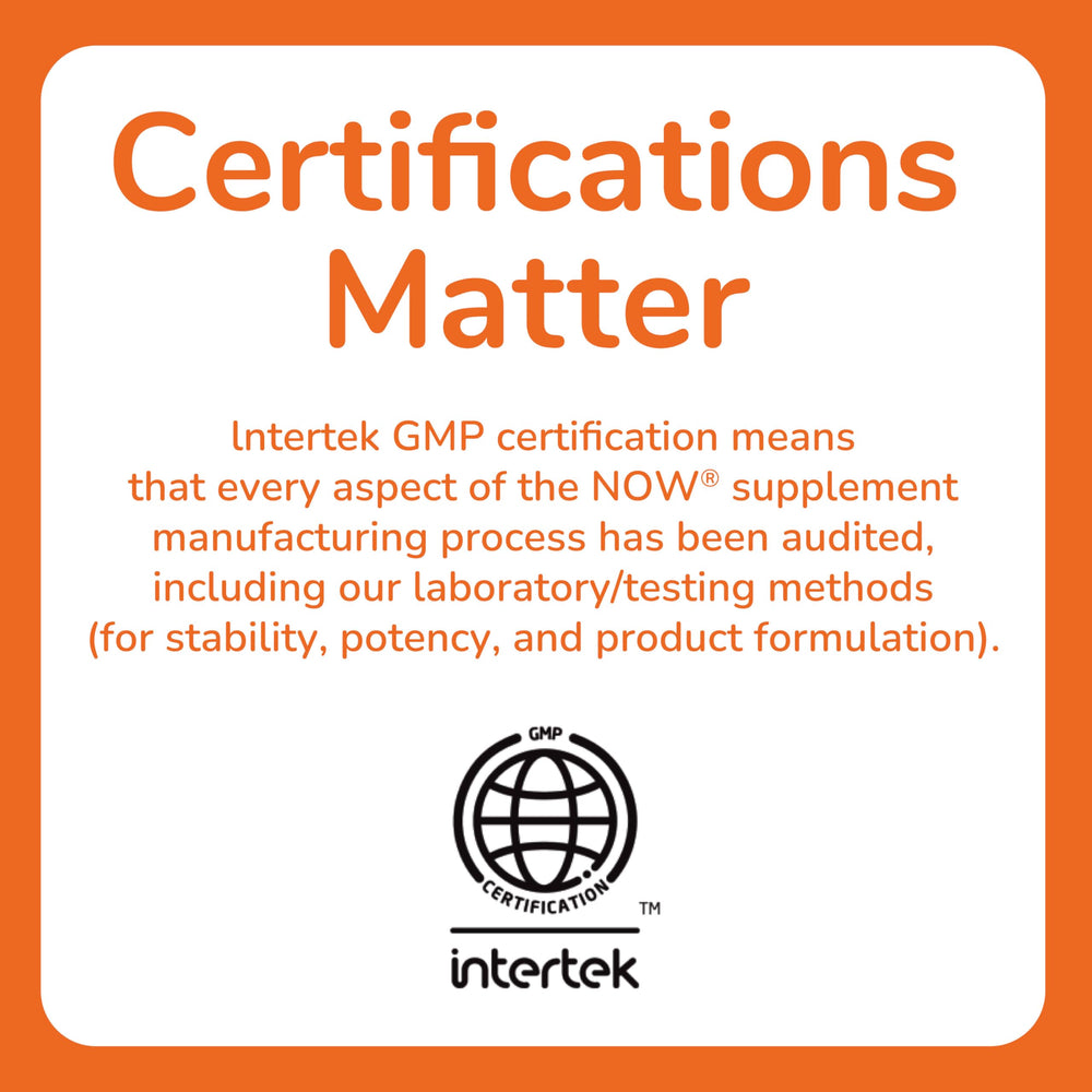 NOW Foods GMP-certified seal indicating quality and testing standards