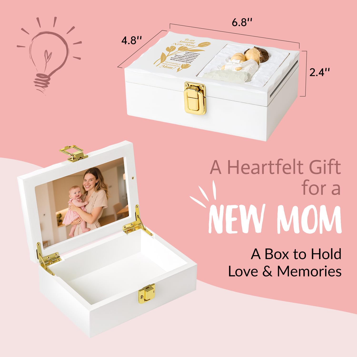 Nowizen keepsake box open showing built-in 4x6 photo frame for baby photo