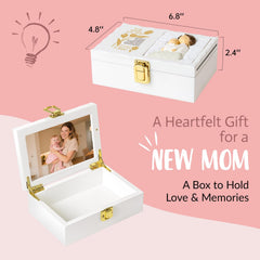 Nowizen keepsake box open showing built-in 4x6 photo frame for baby photo