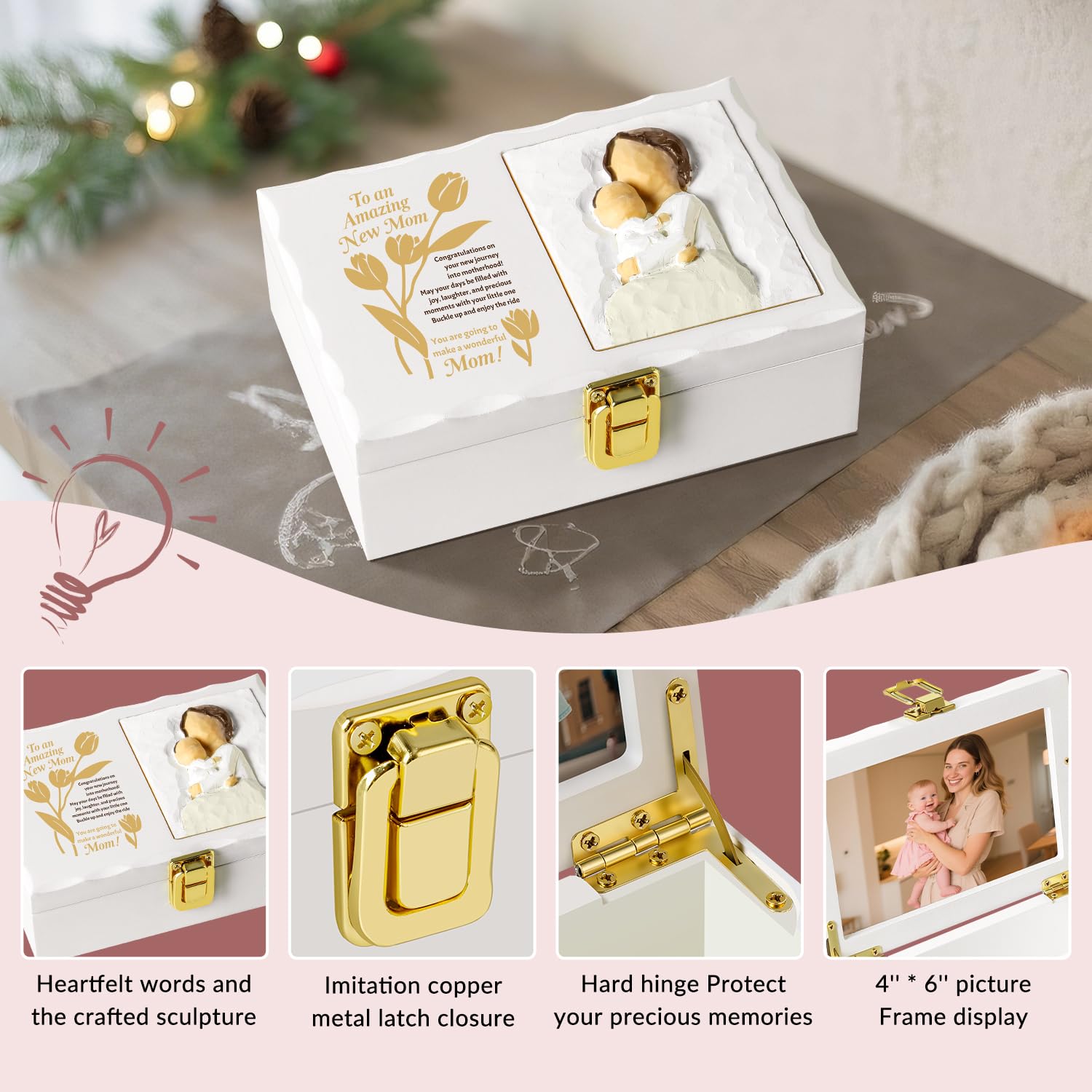 Nowizen wooden box with floral pastel gold accents on display shelf