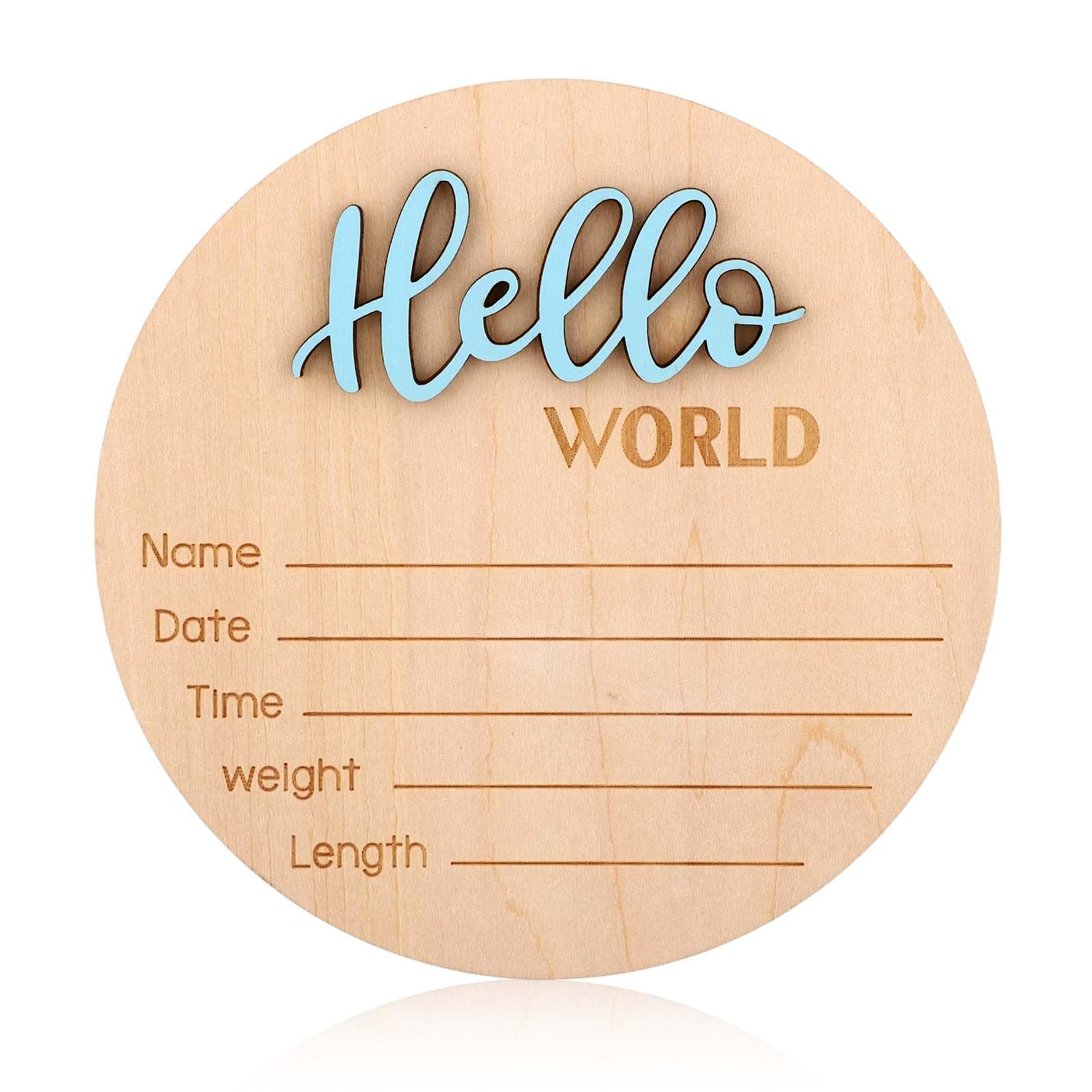 NQEUEPN newborn announcement sign in blue with Hello World, ideal for baby photos.