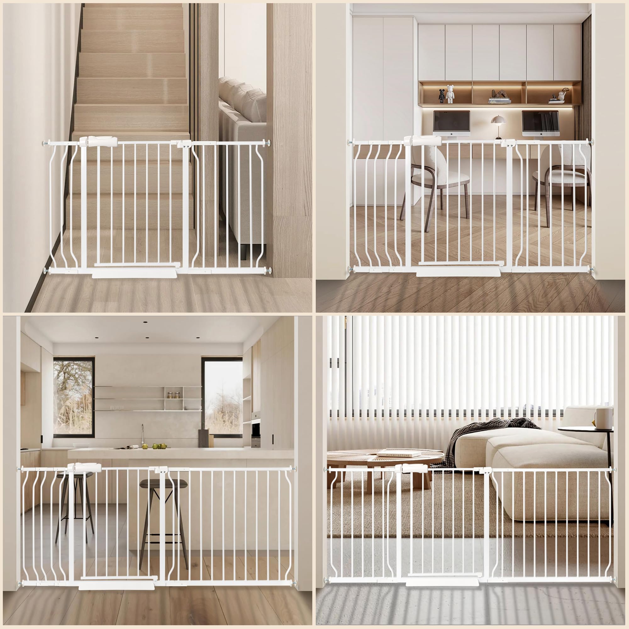 NRELIAK gate shown blocking stairs, hallways, and rooms for safety.
