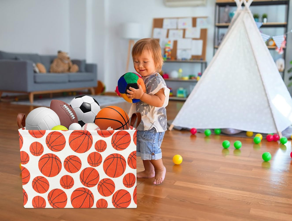 NTAOHAMPER basketball storage bin used in a baby room for toy organization and decor.