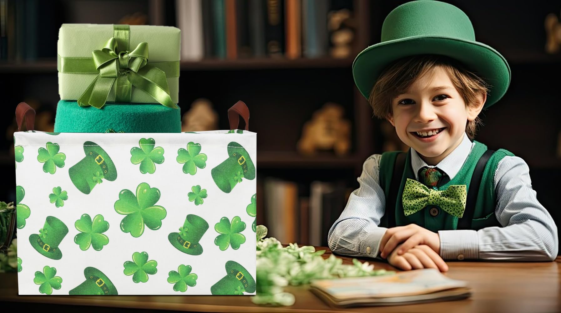 NTAOHAMPER four-leaf clover basket leather handle close-up for easy carrying.