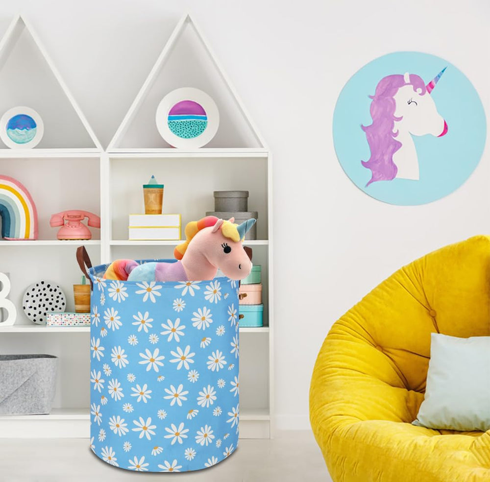 NTAOHAMPER folded blue hamper ready for compact nursery storage when not in use