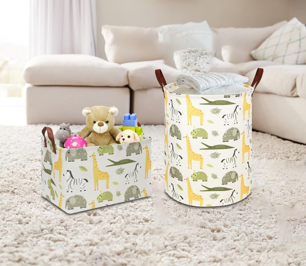 NTAOHAMPER Kids Laundry Hamper folded for compact storage in green animal design.