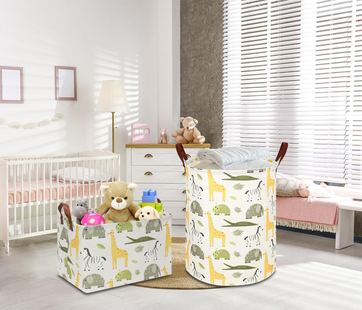 NTAOHAMPER Kids Laundry Hamper green animal side view showing leather handles.