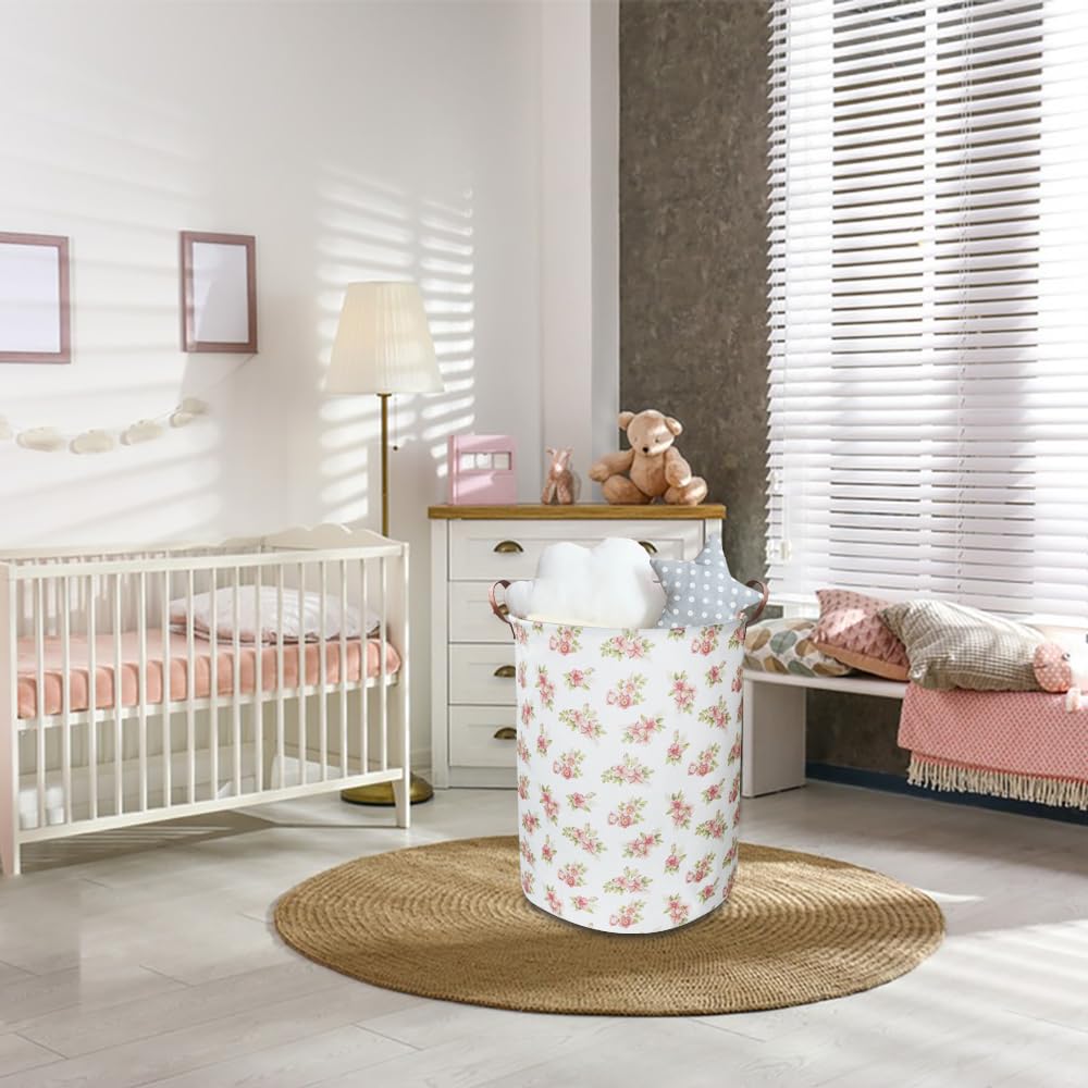 NTAOHAMPER pink flower laundry hamper side view with leather handles for easy transport