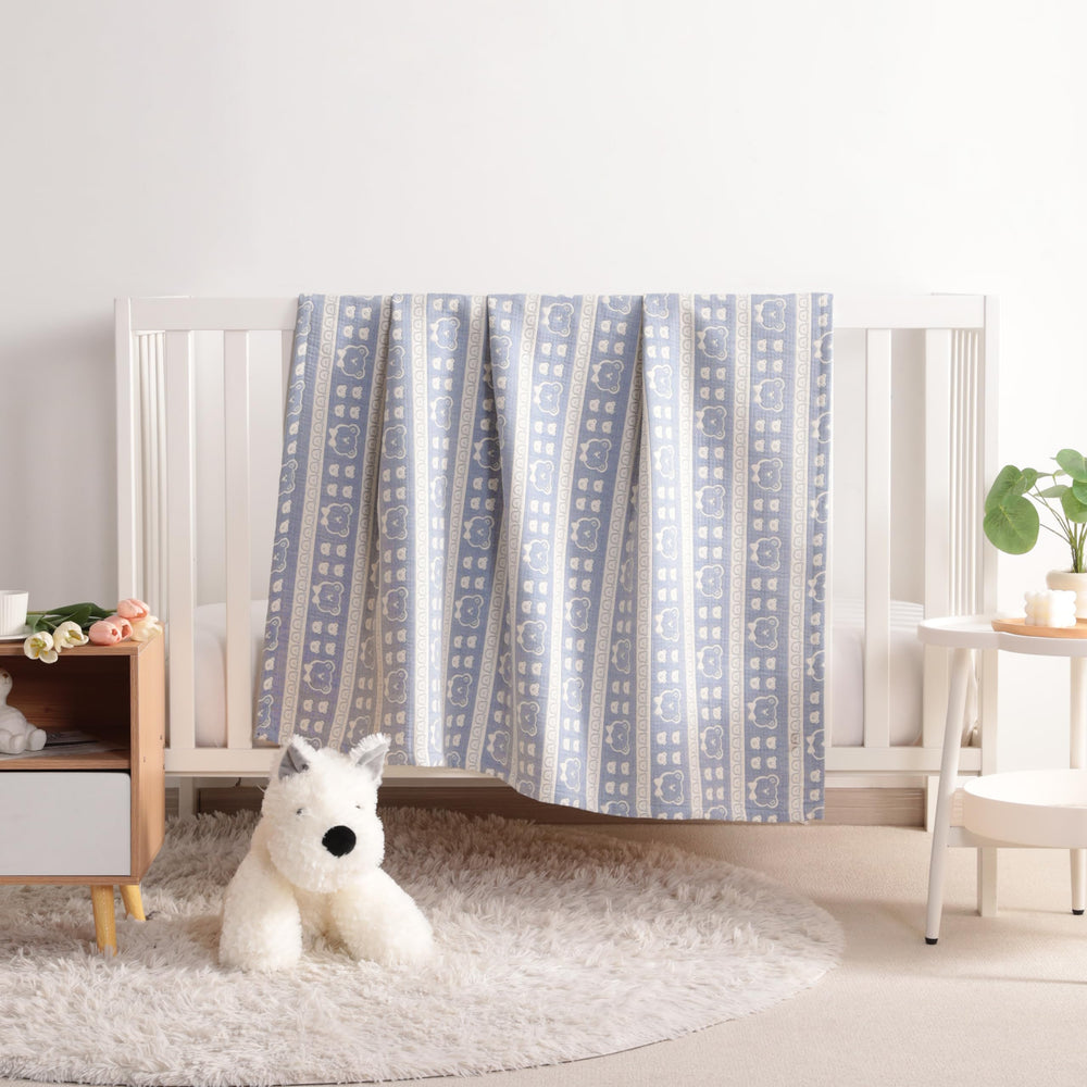 NTBAY 3-layer muslin toddler blanket blue bear back showing reversible design for versatile use